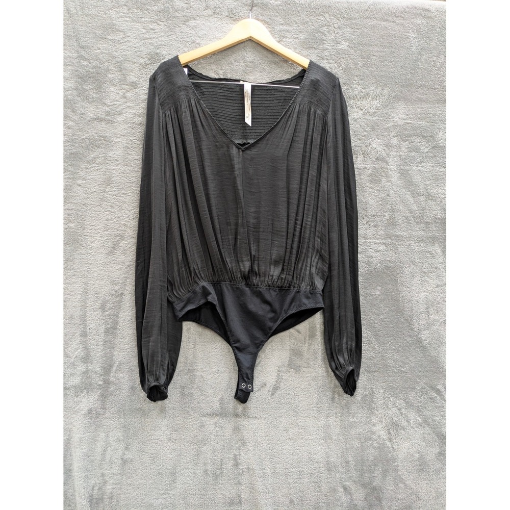 Boho Bodysuit Intimately Free People Womens Medium Black Smocked Long Sleeve